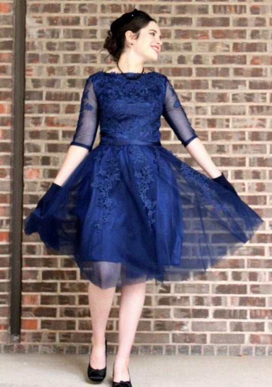 Bateau Navy Blue Half A Line Regan Homecoming Dresses Sleeve Tulle Appliques Pleated Elegant