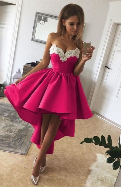 High Low Fuchsia Strapless Sweetheart Appliques Sherry A Line Homecoming Dresses Pleated