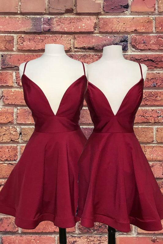 Deep V Neck A Line Kaelyn Homecoming Dresses Satin Spaghetti Straps Burgundy Short Sexy