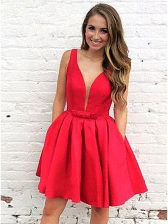 Sleeveless Red Pleated Deep V Neck Short Miriam A Line Homecoming Dresses Satin Simple Sexy