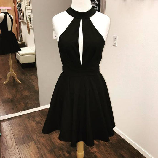 Halter Black Sleeveless Cut Brittany Satin Homecoming Dresses A Line Out Pleated Backless Short