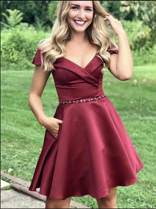 Burgundy V Neck Off The Shoulder A Line Thalia Homecoming Dresses Satin Short Pleated