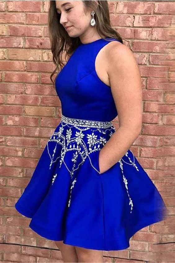 Homecoming Dresses Satin A Line Royal Blue Lauryn Halter Sleeveless Beading Short