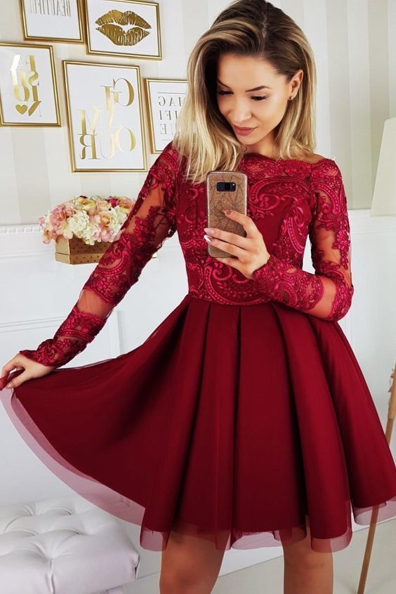 Burgundy Long A Line Kaylyn Homecoming Dresses Lace Sleeve Bateau Appliques Tulle Pleated