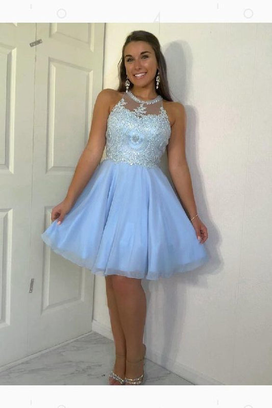 Halter Pleated Tulle Homecoming Dresses Bella A Line Appliques Knee Length Sleeveless