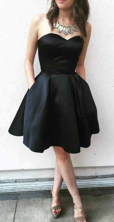 Black Strapless Sweetheart Pockets Backless Satin Homecoming Dresses A Line Damaris Pleated