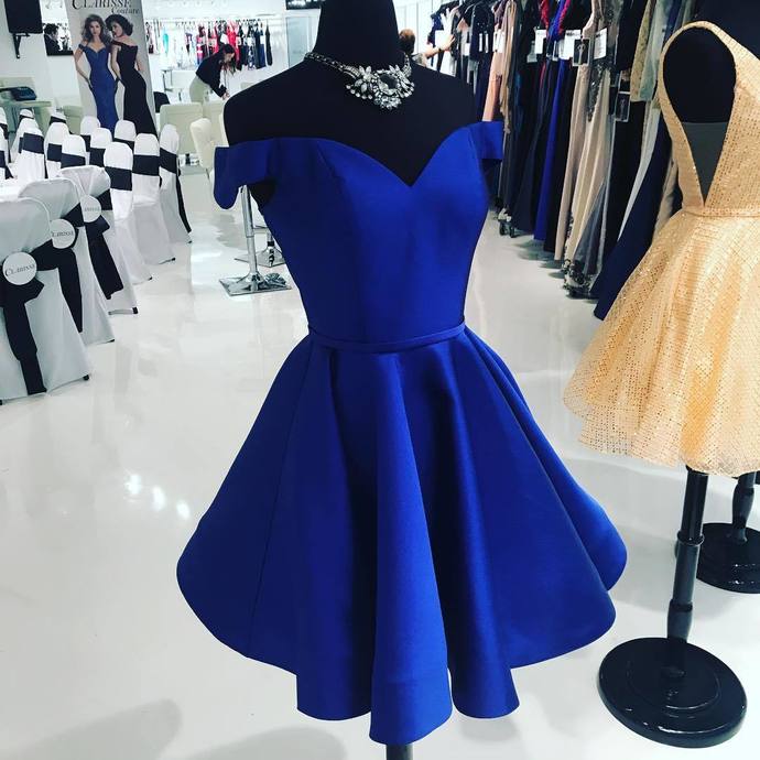 Off The Satin Homecoming Dresses Madisyn A Line Royal Blue Shoulder V Neck Pleated Short