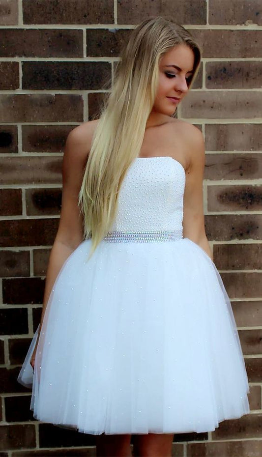 Strapless Ball Gown Tulle Homecoming Dresses Suzanne Beading Short White Pleated Princess