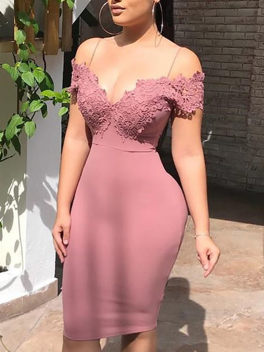 Dusty Rose Sheath Spaghetti Straps Homecoming Dresses Gwendoline Satin V Neck Off The Shoulder Appliques