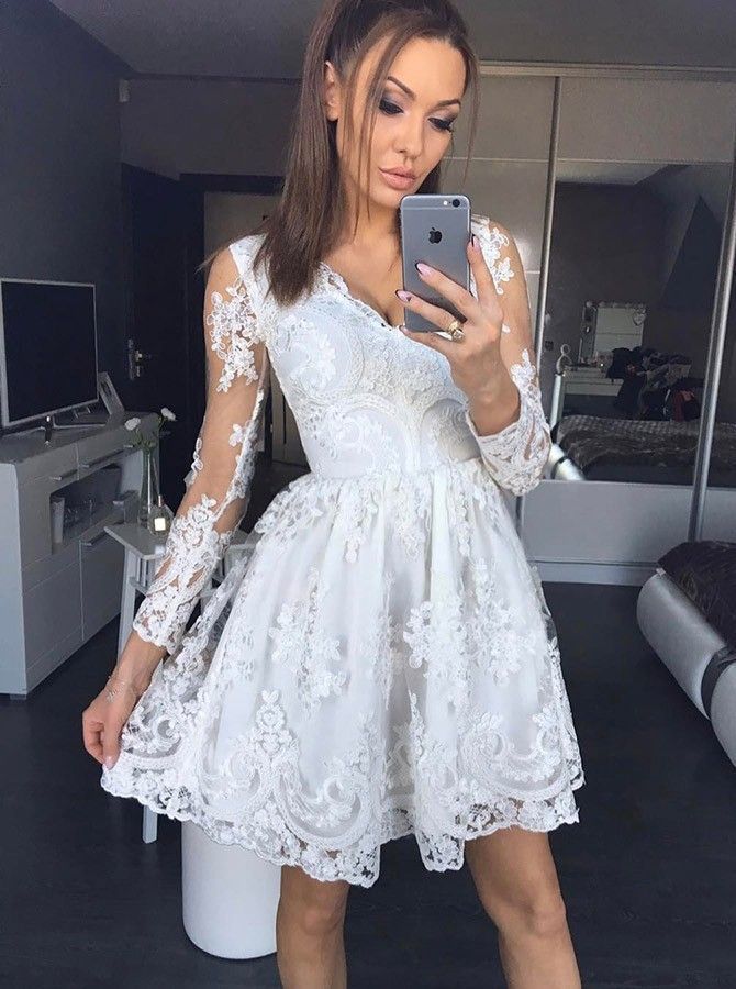 Long Robin Homecoming Dresses Lace A Line Sleeve White Deep V Neck Pleated Sheer Short