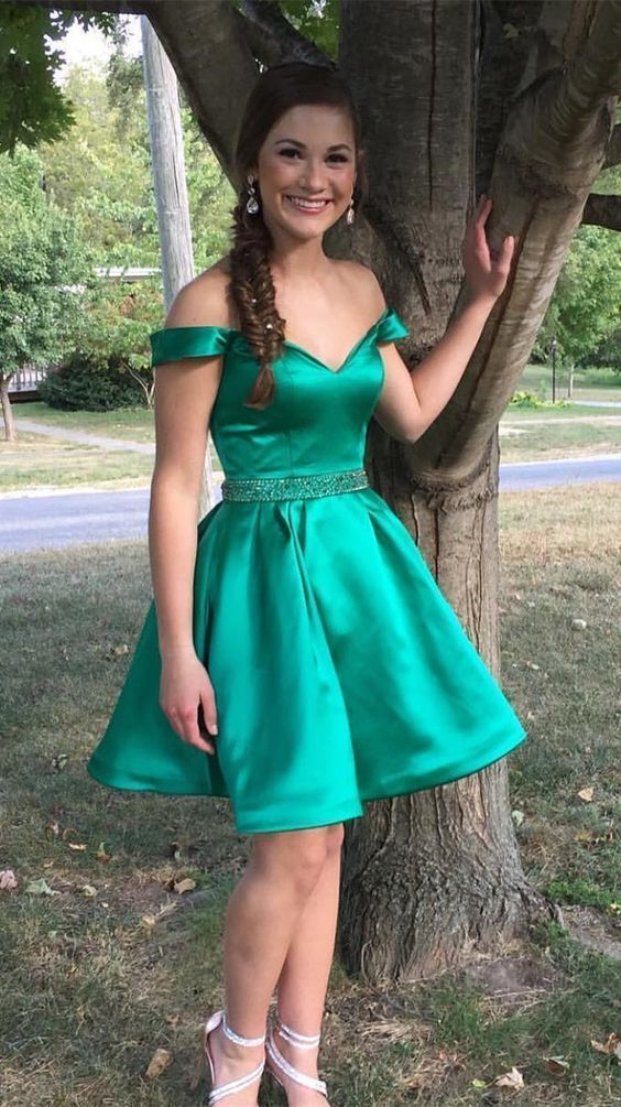 Jade Off The Shoulder Pleated V Satin Jayda Homecoming Dresses A Line Neck Beading Short