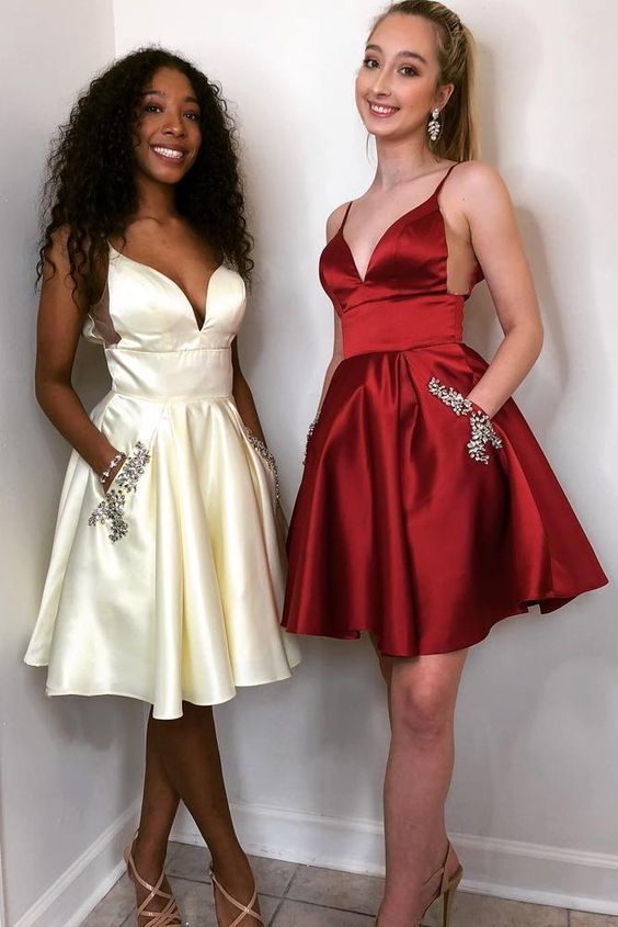 Spaghetti Straps Deep V Neck Nathaly A Line Homecoming Dresses Satin Sheer Short Pleated