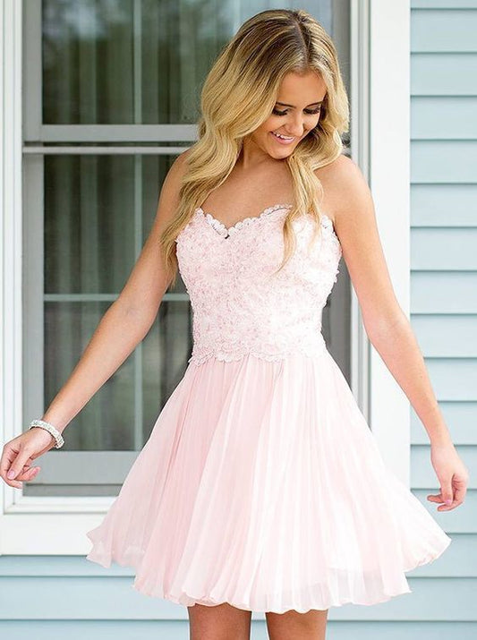 Strapless Miley Homecoming Dresses Pink A Line Chiffon Sweetheart Pleated Appliques Blushing Short