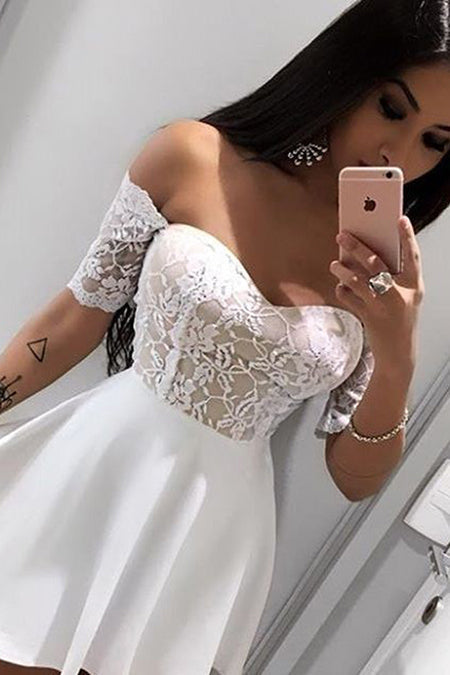 Off The Shoulder Ivory Homecoming Dresses A Line Satin Harley Lace Half Sleeve Short