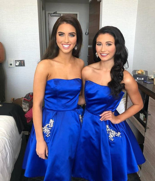 Homecoming Dresses Royal Blue Satin Polly A Line Strapless Pleated Short Rhinestone