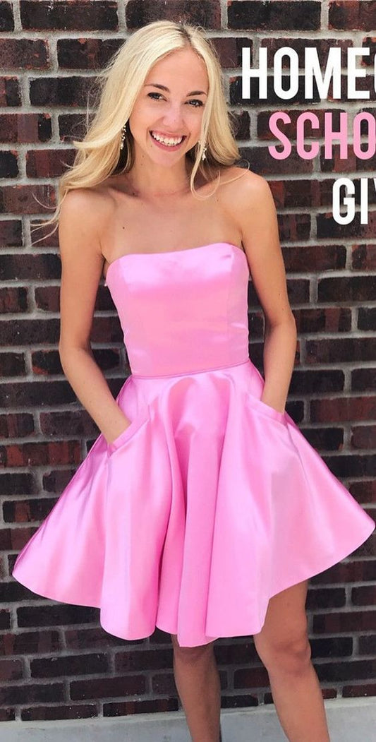 Strapless Straight Sleeveless Homecoming Dresses Satin A Line Pink Belinda Pleated Short Pockets