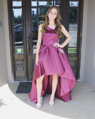 One Shoulder Sleeveless Danielle A Line Homecoming Dresses Satin High Low Floor Length Simple