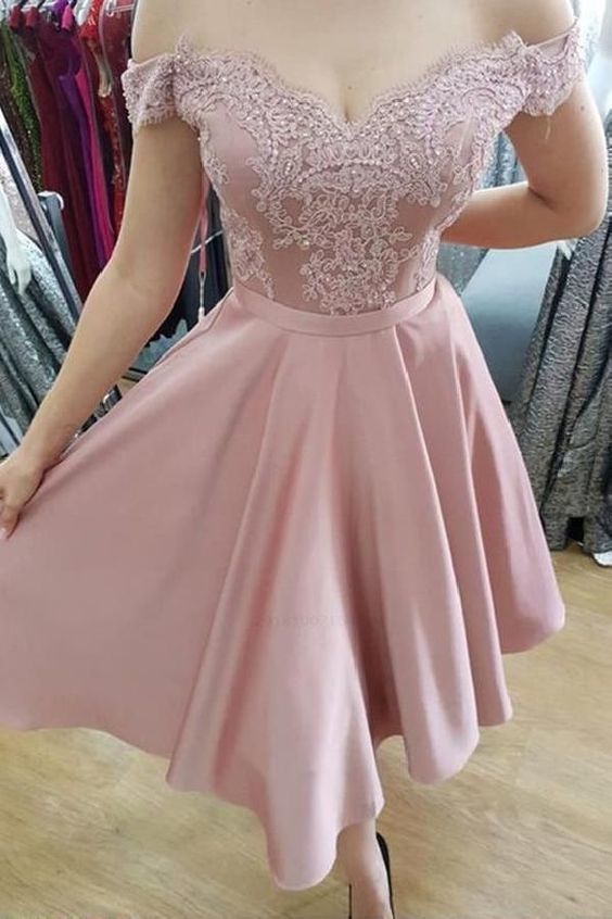 Dusty Rose Off The Satin Lena Lace A Line Homecoming Dresses Shoulder Pleated Short