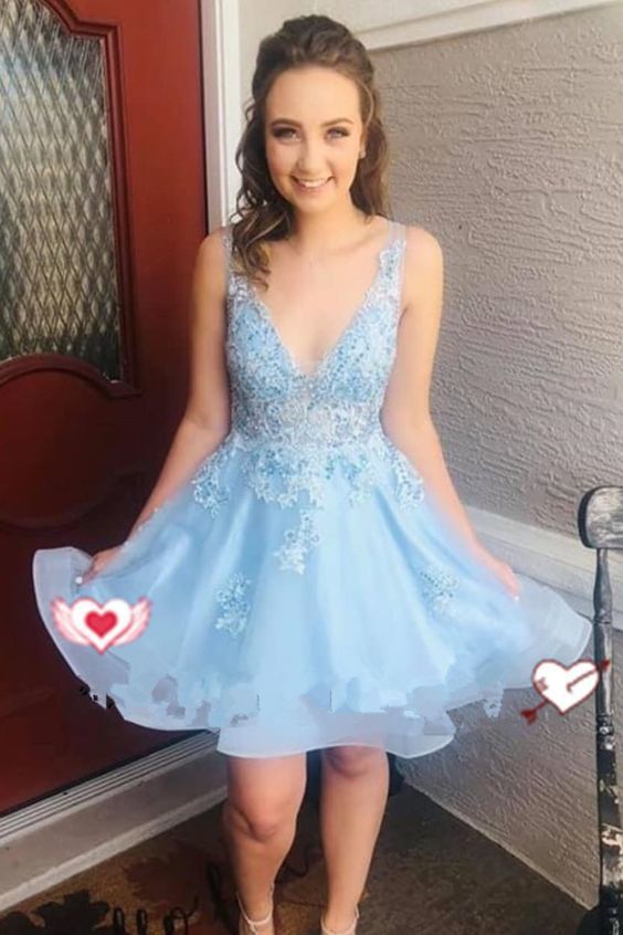 Organza Deep V Neck Sleeveless Appliques A Line Homecoming Dresses Lina Blue Flowers