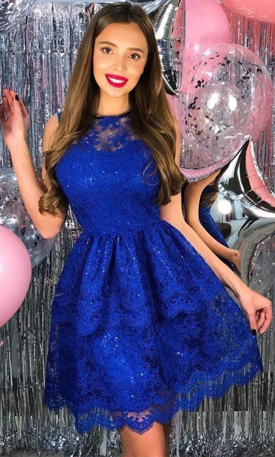 Jewel Sleeveless Pleated Royal Blue Homecoming Dresses A Line Mia Lace Elegant Sexy Short