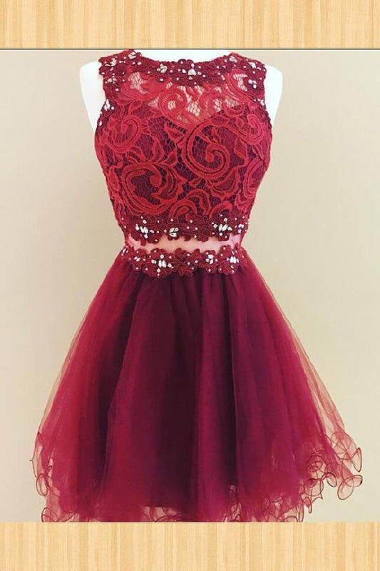 Short Sleeveless Lace A Line Homecoming Dresses Macey Jewel Flowers Organza Burgundy