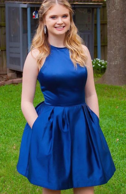 Halter Sleeveless Pockets Royal Blue Satin A Line Homecoming Dresses Saniyah Short Pleated