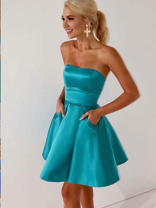 Scarlett Satin Homecoming Dresses A Line Teal Strapless Short Pleated Backless Pockets