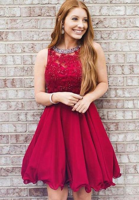 Halter Sleeveless Pleated Red Appliques Ellie Homecoming Dresses Lace A Line Short Organza