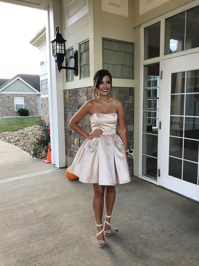 Lillian Satin Ivory A Line Homecoming Dresses Strapless Pleated Sexy Rhinestone Short