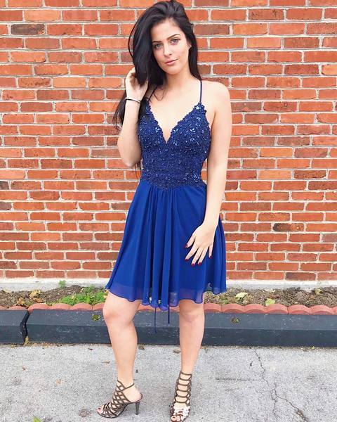 Halter Deep Chiffon Royal Blue Valery Homecoming Dresses A Line V Neck Appliques Short