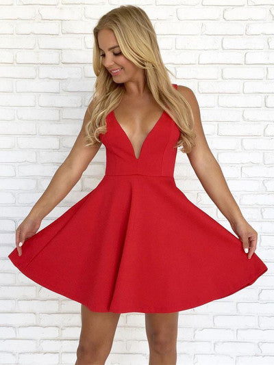 Red Pleated Backless Straps Deep V Neck A Line Homecoming Dresses Natalya Satin Short Sexy