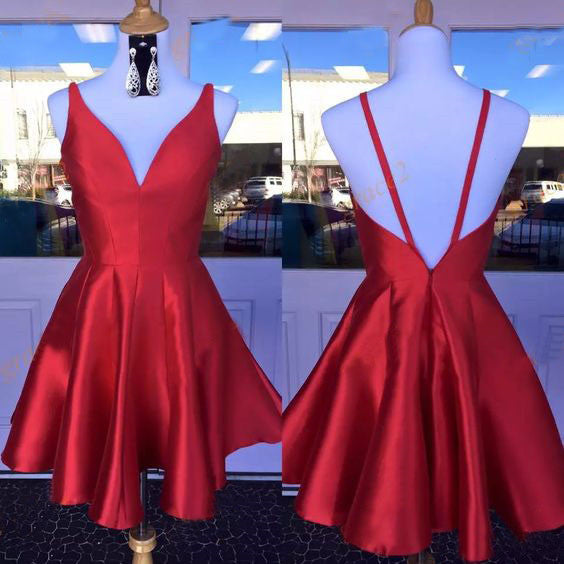 Deep V Neck Red A Line Miracle Satin Homecoming Dresses Straps Backless Sleeveless Pleated