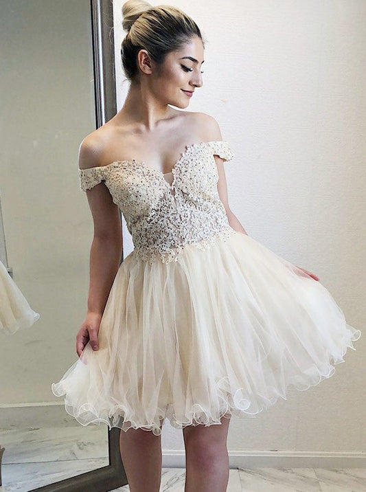 Lace A Line Homecoming Dresses Ivory Asia Off The Shoulder Appliques Organza Pleated V Neck