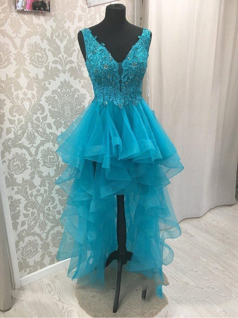 Blue Fernanda Homecoming Dresses V Neck High Low Organza Pleated Appliques Backless Sleeveless