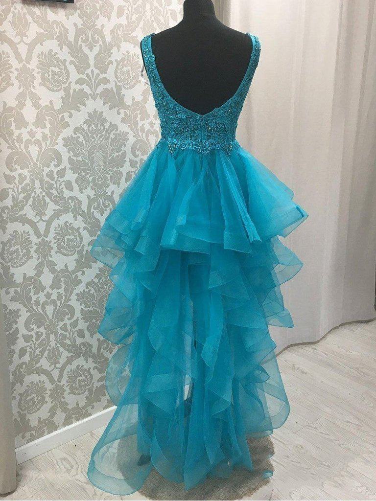 Blue Fernanda Homecoming Dresses V Neck High Low Organza Pleated Appliques Backless Sleeveless