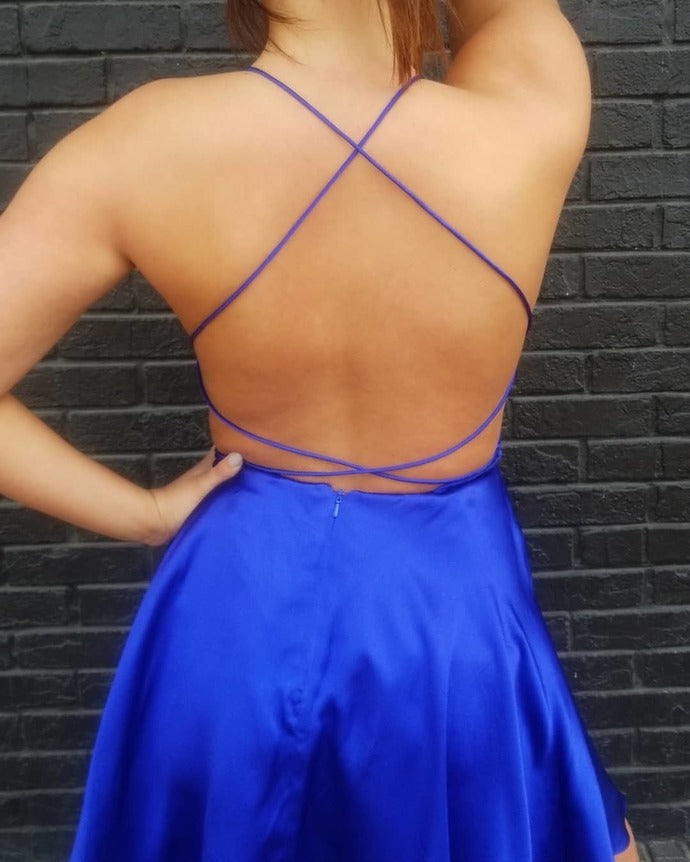 A Line Satin Ashley Homecoming Dresses Halter Straps Backless Short Pleated Criss Cross