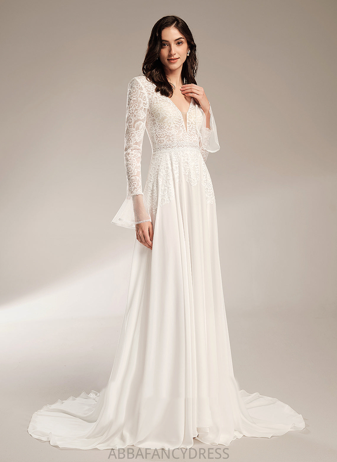 Wedding With Dress Train Wedding Dresses Lace V-neck A-Line Ruffle Court Zariah Chiffon