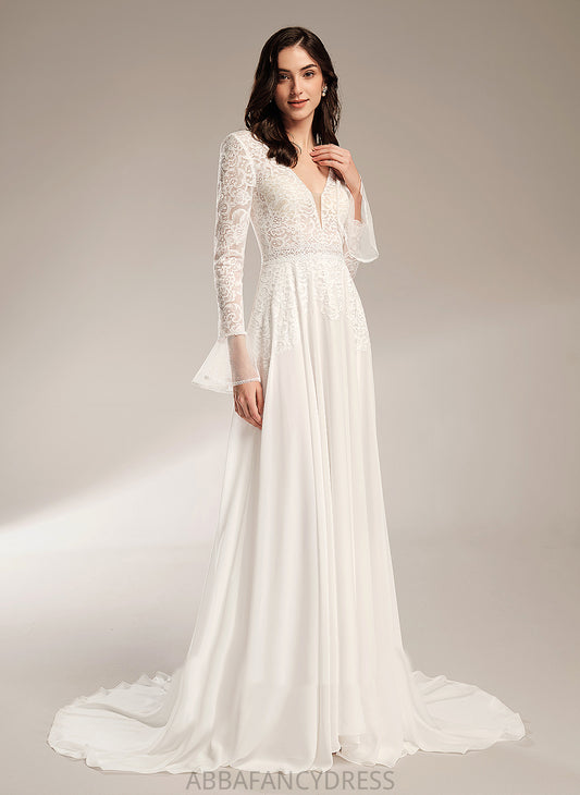 Wedding With Dress Train Wedding Dresses Lace V-neck A-Line Ruffle Court Zariah Chiffon