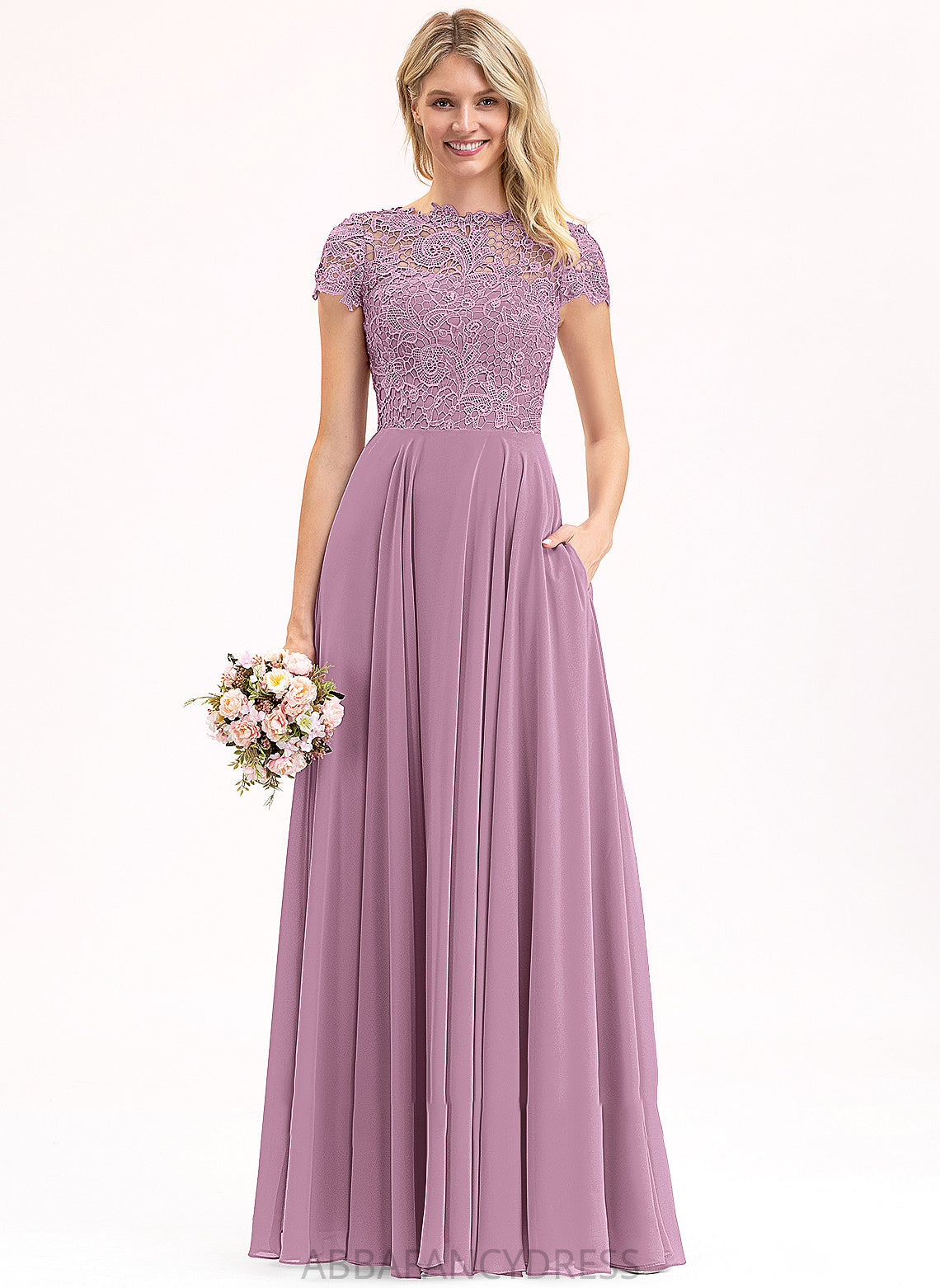 A-Line Chiffon Mercedes Scoop With Floor-Length Neck Prom Dresses Lace Pockets