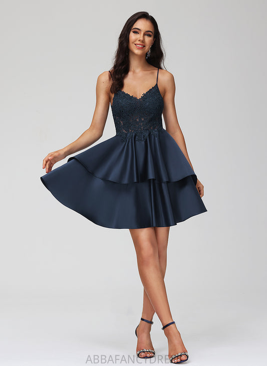 V-neck With Short/Mini Dress A-Line Lace Akira Homecoming Satin Homecoming Dresses