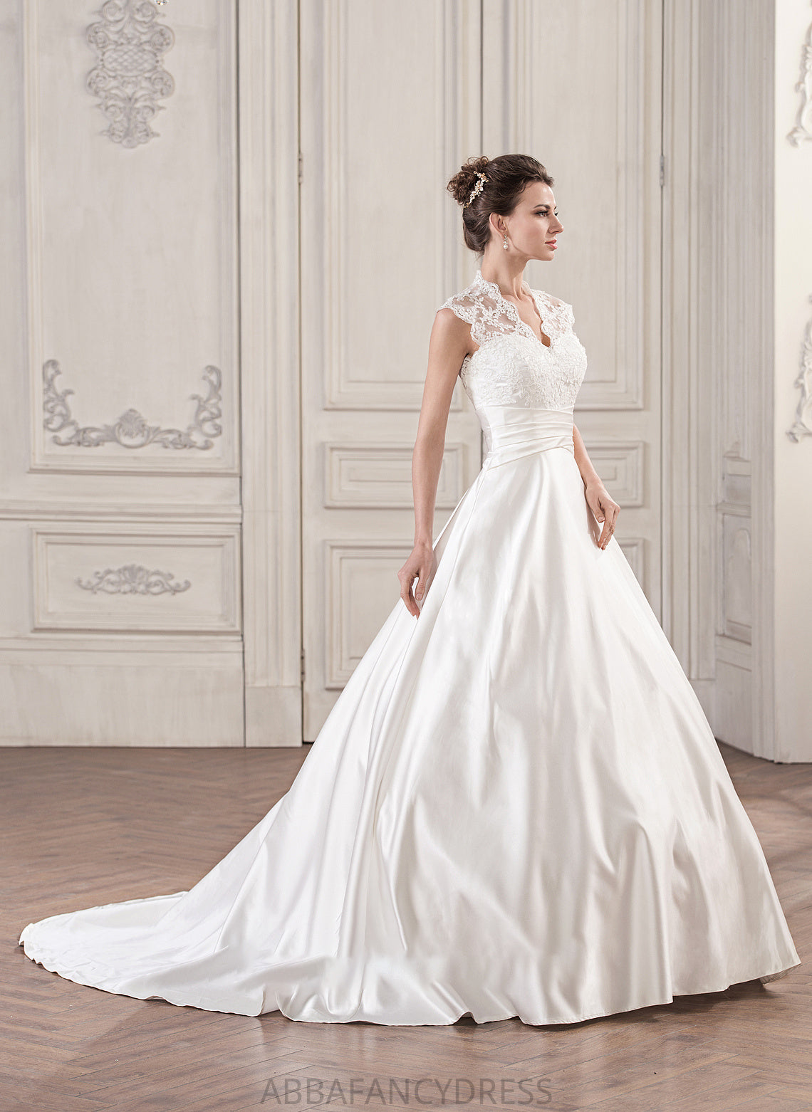 Train Wedding Satin With Lace Ball-Gown/Princess Elisabeth Dress V-neck Ruffle Court Wedding Dresses