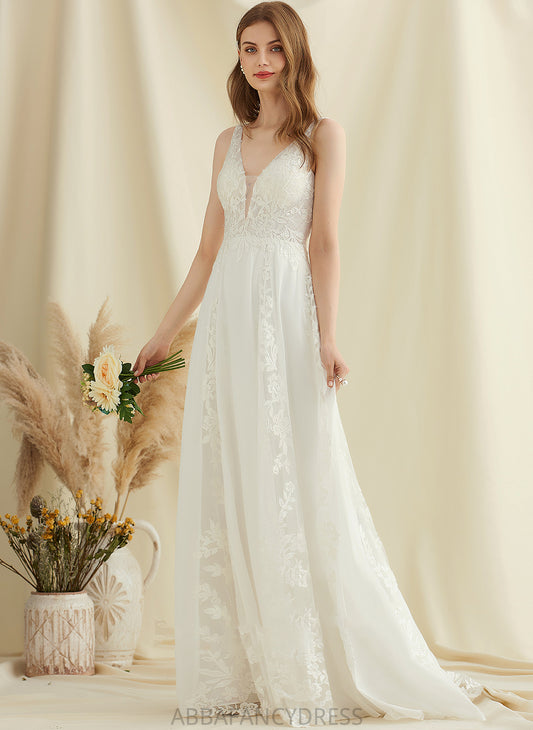 Wedding Chiffon Wedding Dresses A-Line Lace Dress Sequins Willow Sweep V-neck Train With