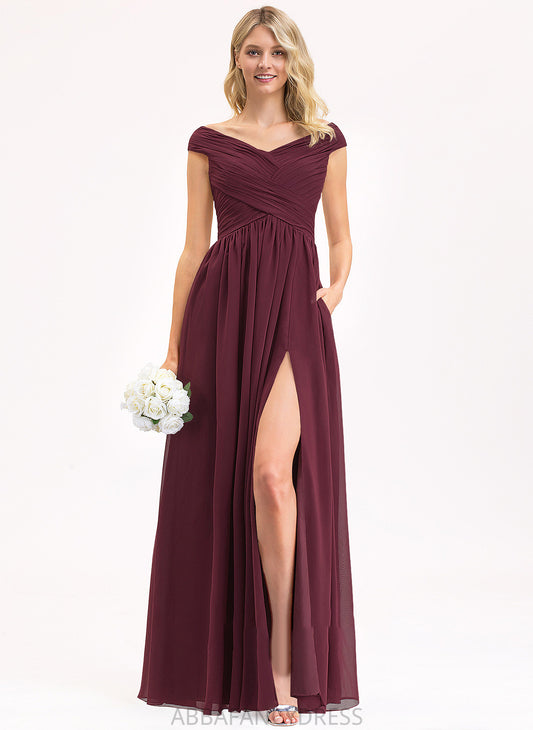 Pockets Chiffon Ruffle Floor-Length Off-the-Shoulder Angelina Prom Dresses Front A-Line Split With