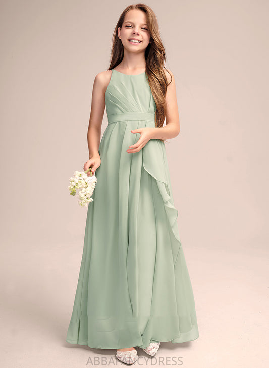 Scoop Ruffles Chiffon A-Line Neck With Cascading Floor-Length Kara Junior Bridesmaid Dresses