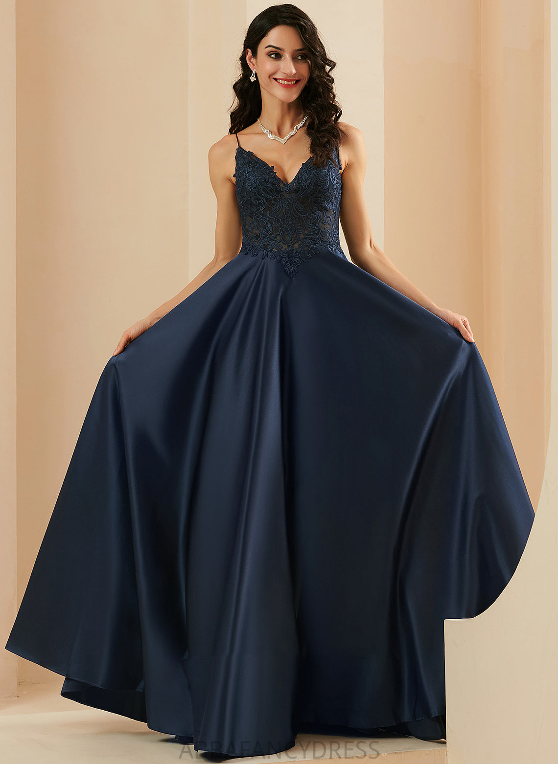 Lace Satin Prom Dresses Sasha With Floor-Length A-Line V-neck