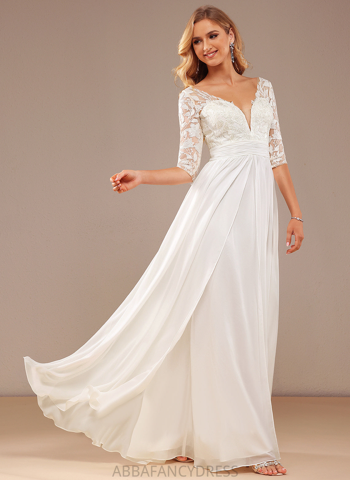 Lacey Wedding Dress A-Line Wedding Dresses With Sequins Ruffle Lace V-neck Lace Floor-Length Chiffon