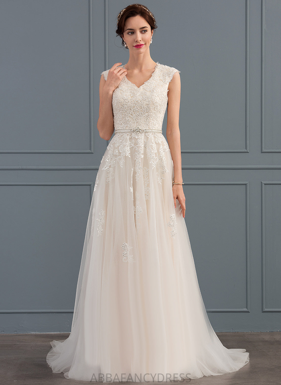 With Lace V-neck A-Line Train Sequins Sweep Natalee Bow(s) Beading Tulle Wedding Wedding Dresses Dress