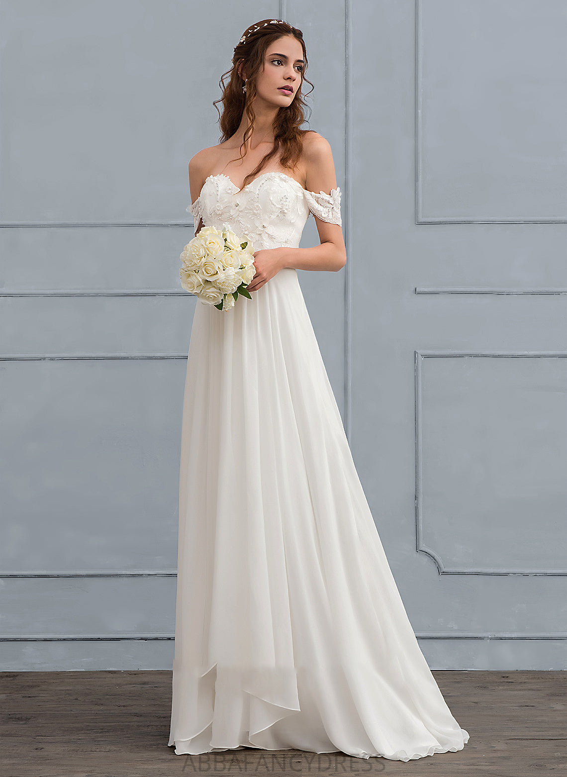 A-Line With Dress Sweep Train Wedding Eleanor Lace Chiffon Beading Wedding Dresses Flower(s)