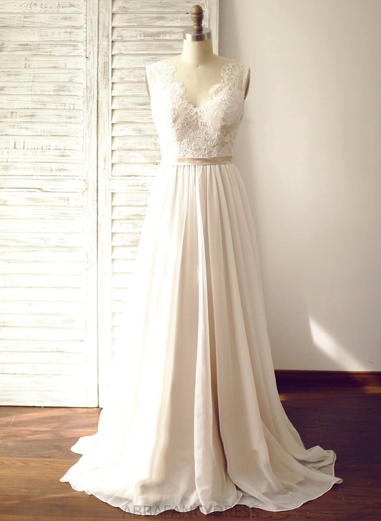 Chiffon Wedding Dress A-Line Train Court With Lace Lace Wedding Dresses Peyton V-neck