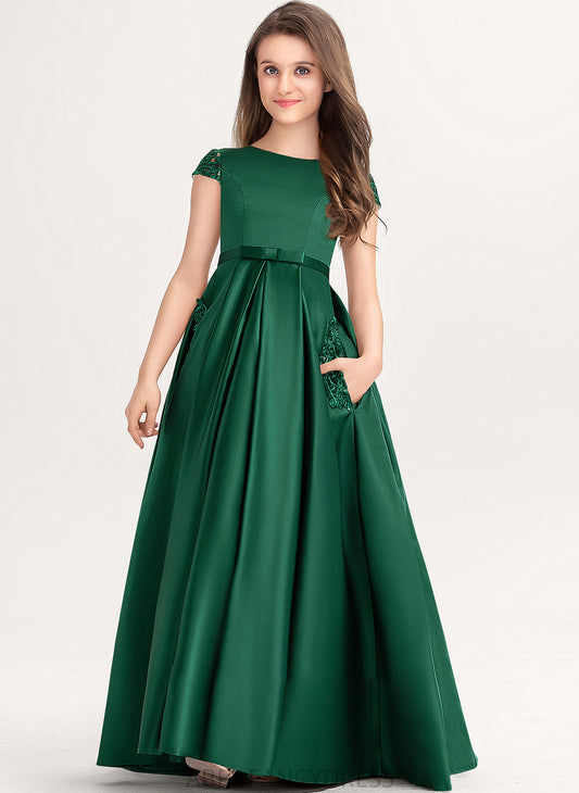 Payton Ball-Gown/Princess Scoop Pockets Neck Bow(s) Floor-Length With Satin Junior Bridesmaid Dresses Lace